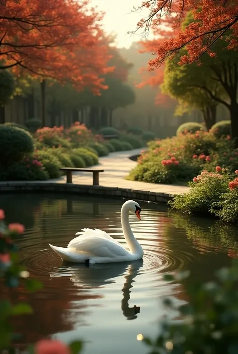 A meeting garden with a white swan on the lake ,  with a reddish and gold filter 