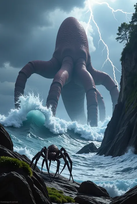 A monstrous kraken rises from the dark, stormy seas, its long tentacles thrashing through the water as lightning strikes the sky. Nearby on the rocky shore, a massive tarantula crawls from the shadows, its spiny legs moving with terrifying precision. The b...