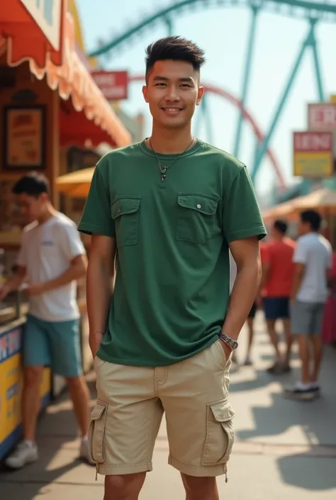 realistic photo of 30yo asian guy clean cut haired with skinny body wearing oversize green cargo t-shirt with cargo cream shorts ordering at a souvenir stand, at the crowded happy themepark, he looking to the camera smiling, and roller coaster rail from a ...