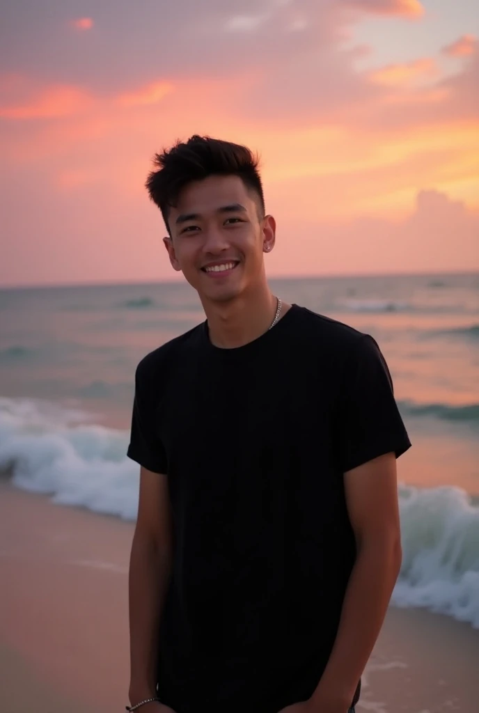 An Indonesian adult young man , wearing a shirt top wearing black jeans , I was on the beach at dusk. Reddish clouds appeared to be reddish clouds,with a smile twisting his body while smiling looking at the camera