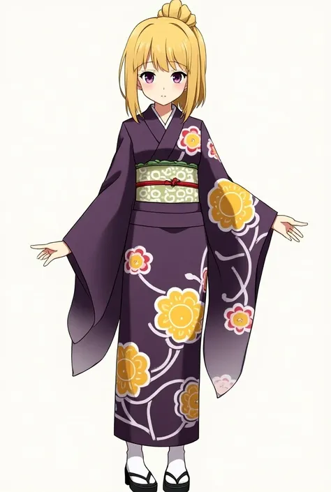 A 2d anime girl in demon slayer anime artstyle aka kimetsu no yaiba with straight hair in bangs , two light and thin flicks around the ears, and one stylish bun on the back of head. Yellow hair, dark purple eyes. Wearing dark purple kimono with yellow flor...