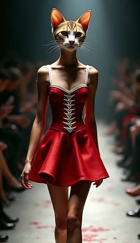  The image portrays an impressive and fantastic interpretation of a hybrid cat-human model walking on a fashion runway.  The model is wearing an elaborate short red dress,  cat with white corset details  . She received the head of a very sexy Bengal ,  com...