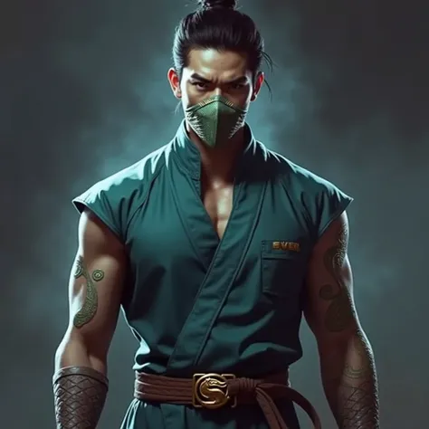 ((Daniel Wu)) as Chameleon from Mortal Kombat, (1boy), fighting standing, turquoise ninja outfit, (with reptilian motifs), (ninja mask covering his lower face), intricate, high detail, sharp focus, dramatic, photorealistic painting art by greg rutkowski