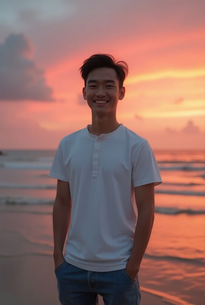 An Indonesian adult young man ,wearing a shirt top wearing white jeans ,  is on the beach at dusk a reddish cloud appears a reddish cloud,with a smile twisting his body while smiling looking at the camera