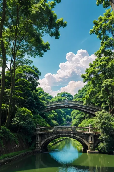  an anime, nature, green environment, clouds in the sky ,Temple in green hills   , Bridge over the river  ,   lots of trees totally green environment  