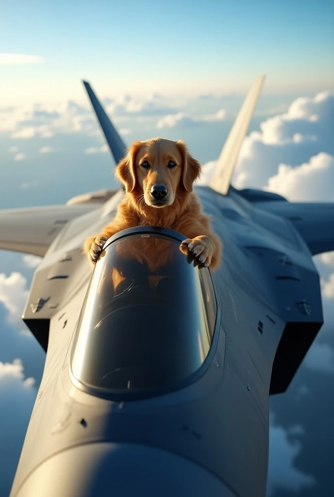 Show me a golden retriever flying in F-22 raptor 