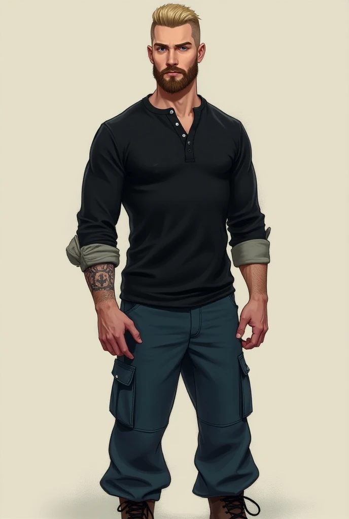 Create the image of a man he is standing 1 ,76 tall body  (Skinny Athletic) Short blonde hair full beard he wears dark blue military pants, dark brown boots a Hanley long sleeve black shirt with the sleeves rolled up showing his forearms(  he has a tattoo ...