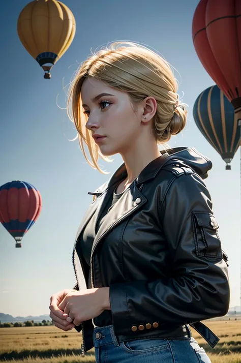 ((ultra detailed, masterpiece, best quality))
 DarkPicturesRachel, 1girl, solo, blonde hair, surrounded by vibrant hot air balloons in a serene early morning sky, dressed in retro aviator attire