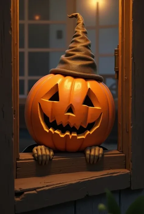  a pumpkins head showing its face ，Looking out of the window and inside ， two little hands still pluck it on the window frame，Wearing a Halloween hat 
