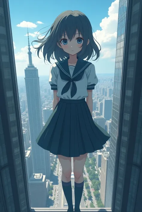 a giant one thousand feet tall anime girl in a school girl outfit looking through a skyscrapers window