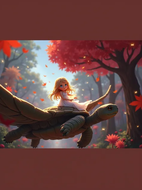  blue-eyed blond girl riding a flying turtle in the enchanted forest