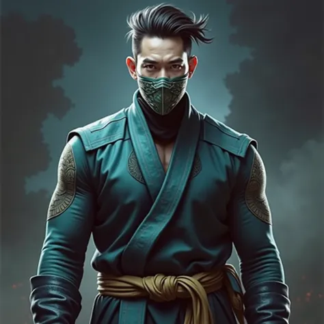 ((Daniel Wu)) as Chameleon from Mortal Kombat, (1boy), fighting standing, turquoise ninja outfit, (with reptilian motifs), (ninja mask covering his lower face), intricate, high detail, sharp focus, dramatic, photorealistic painting art by greg rutkowski