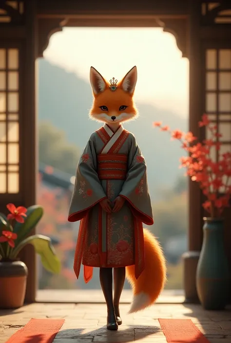 a female fox , standing like a human. With a foxs head and a crown on his head.  walking inside an old Japanese house, in the background an ancient Japanese village. Geisha costume and crown on the head .  traditional flowers from feudal Japan .  blurred b...