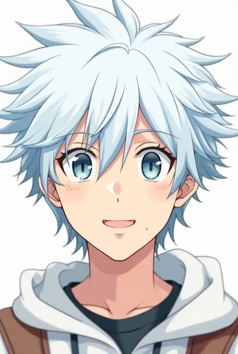 That it has the same style as the anime of Boku no Hiro Academia , , a white-haired boy with a blue tuft and a mole under his left eye, has a light and pleasant smile, has normal skin and has masculine features and beautiful lips looking straight ahead 