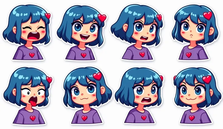 Azucarilla, a slim girl with short blue hair and a heart-shaped pin in her hair, dressed in a cute purple sweater with a heart on the chest and denim shorts. Designed in pixel art style, she displays various playful and exaggerated facial expressions for a...