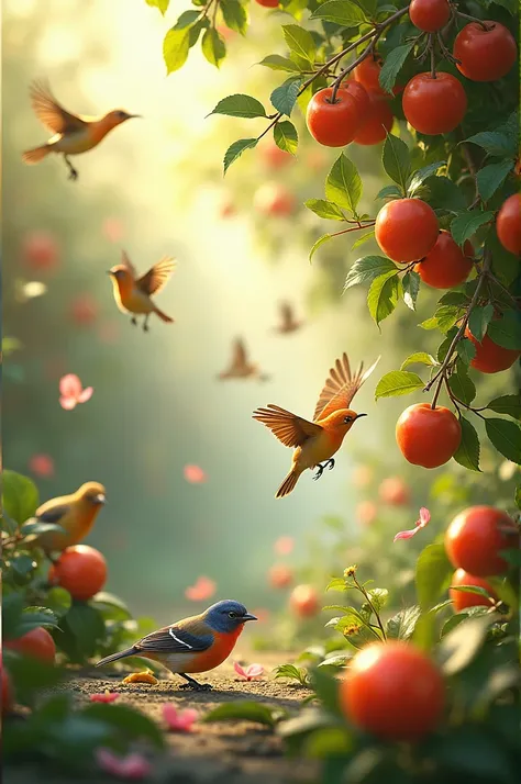 Come birds,  eating fruits and go away