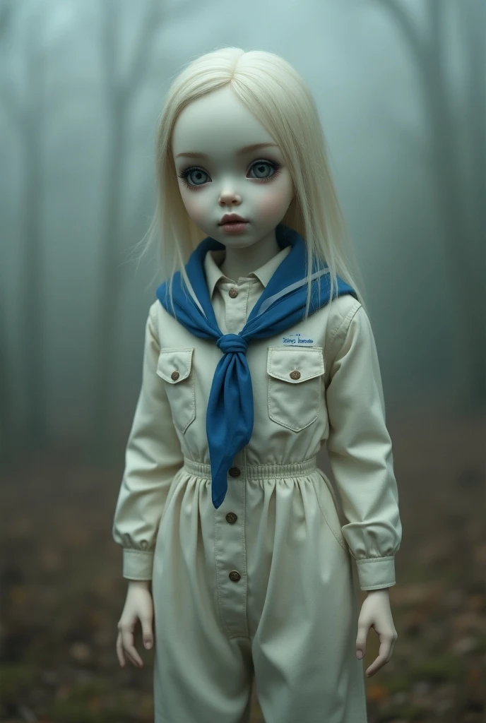 A Rivotril card doll wearing a white and blue scout scarf