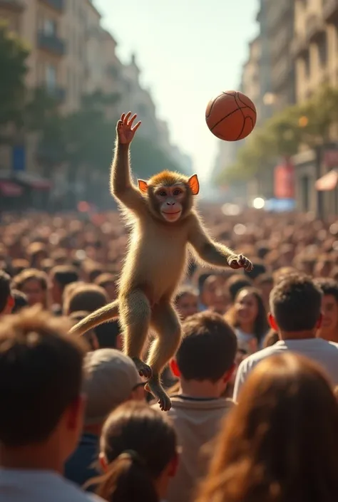 Thousands of men surrounded by a monkey playing ball in Barcelona