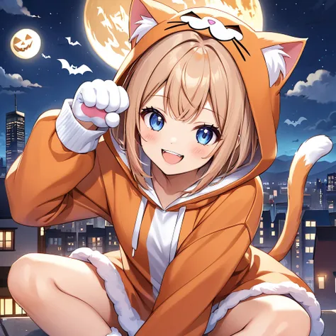 A girl in an adorable cat costume is posing like a cat, with a mischievous smile on her face. Shes wearing an oversized hoodie, a paw pose, fluffy cat gloves on her hands, and fluffy cat boots on her feet. Shes acting as if she completely believes shes a c...