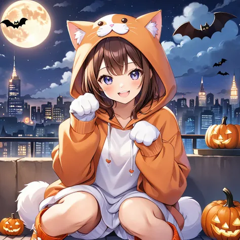 A girl in an adorable cat costume is posing like a cat, with a mischievous smile on her face. Shes wearing an oversized hoodie, a paw pose, fluffy cat gloves on her hands, and fluffy cat boots on her feet. Shes acting as if she completely believes shes a c...