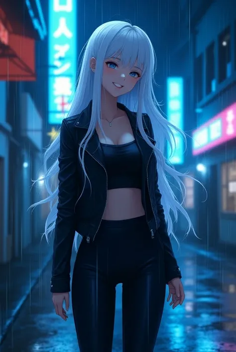 1girl with long white hair in lether jacket and black tight clothing in the rain of blue light on the street happy,high quality, dreamy style,anime style, cyberpunk style