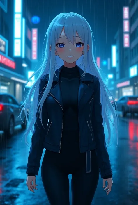 1girl with long white hair in lether jacket and black tight clothing in the rain of blue light on the street happy,high quality, dreamy style,anime style, cyberpunk style