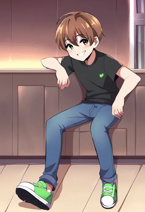 (1boy) ten year old boy, human, black shirt, jeans pamts, green sneaker shoes, smile, brown hair