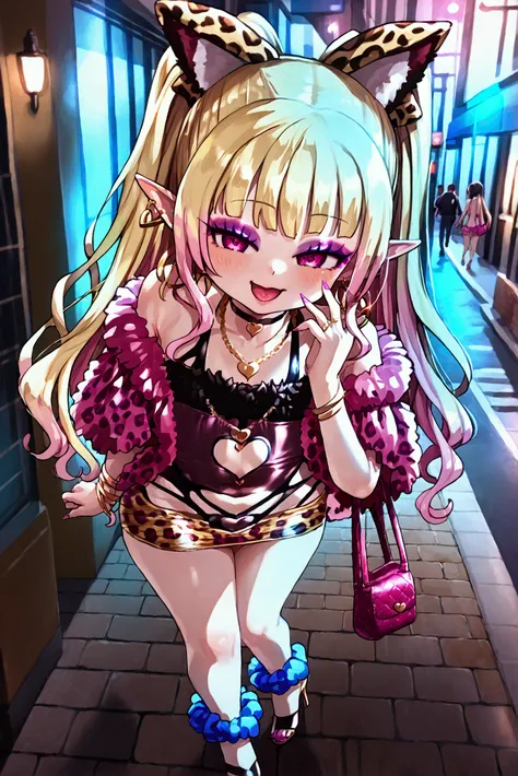 loli, gyaru, slut loli, slutty loli, mesugaki loli, mesugaki, white skin, pale skin, leopard print dress, naughty face, beautiful loli, bold loli, outgoing loli, blonde loli, blonde hair, multi-colored hair, pink hair, 2-color hair, blonde hair with pink g...