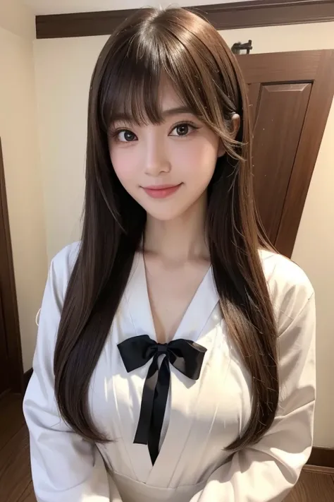  High Resolution ,bangs、Brown Hair、Long Hair、  Brown Eyes 、Large Breasts, Model body type、165 cm、24 years old、Beautiful Face、smile、 natural makeup、Japanese、Maid uniform、Cosplay、Halloween、