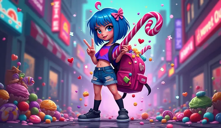 A vibrant pixel art version of Azucarilla, a thin girl with short blue hair and a heart-shaped pin on her head. She is wearing a short purple crop top with a large heart on the chest, ripped denim shorts, and knee-high black socks. Azucarilla has playful, ...