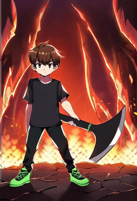 (1boy) ten year old boy, human, black shirt, jeans pamts, green sneaker shoes, serious look, brown hair, hell, holding axe