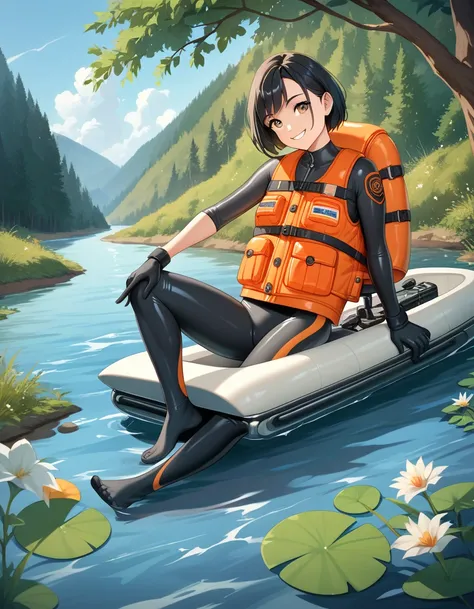 masterpiece, best quality, ultra detailed, Girl, black hair,extra short hair, boyish,(black wetsuit), big tits, (((wearing orange life jacket))), outdoor,river,canoe, smiling