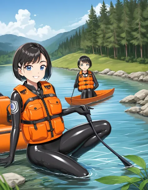 masterpiece, best quality, ultra detailed, Girl, black hair,extra short hair, boyish,(black wetsuit), big tits, (((wearing orange life jacket))), outdoor,river,canoe, smiling