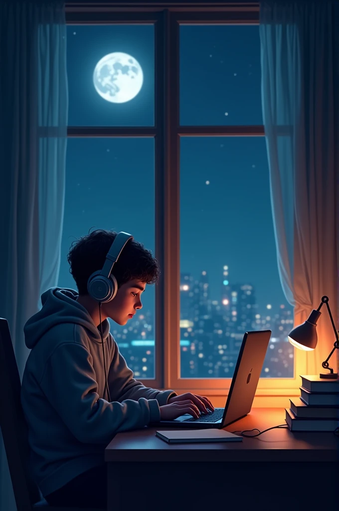 Create a serene and moody scene of a young boy sitting by a large window, headphones on, lost in thought as he listens to music. Its night, and outside the window, a city skyline glows softly under a full moon with scattered stars. The room is dimly lit by...