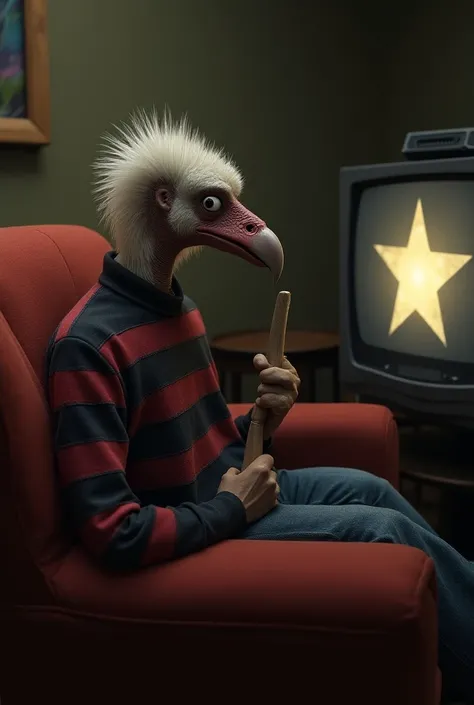  A vulture with a fan in its hand,  dressed in a black and red striped shirt , with a terrified expression ,  sitting on the couch watching a star on television