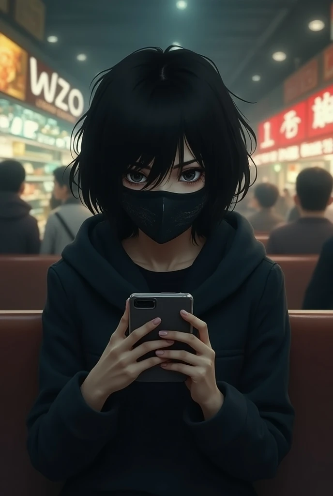 A girl wearing a black mask sitting on a chair at the food court 、 has short black hair, big, and patchy 、 looks at her smartphone so she can only see half of her face