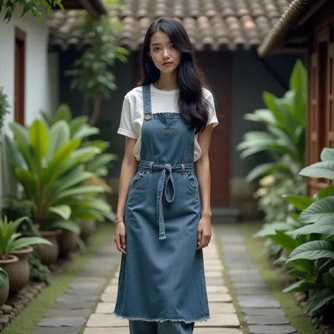 a young beauty cubby woman long black haircut, wear elegantly dressed apron jeans clothes long jeans clothes, he was standing while holding pulling butt him with out of  from behind butt, natural, funny, stupid, realistic life, real human indonesia, UHD 8K...