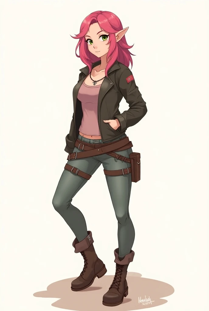 Full body, subject in semi-profile, 1 half-elf, woman, slightly pointed ears, small ears, pink hair, green eyes, slim, medium chest, nice legs, smiling, friendly, RPG clothes, leather boots, rogue clothes, anime style, simple drawing, line drawing, anime, ...