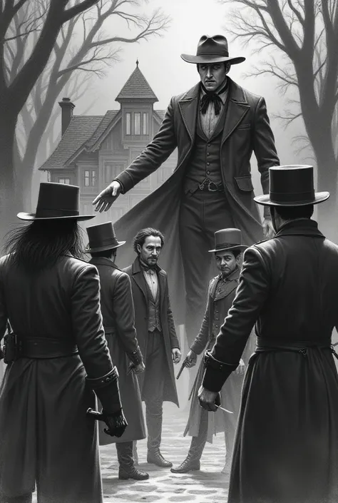  of a group of vampire hunters from 1885 , cercados por vampiros beautifuls e strongs,Dressed like mortals of the time without hats.  They are outside a dark mansion , near trees and forest ,  they are enemies and face 
, In the midst of them ,  the leader...