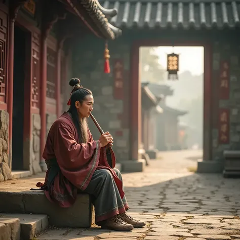 Young ancient Chinese man sitting playing a flute at the entrance of a village