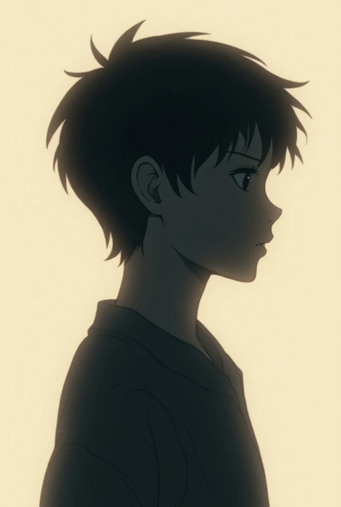 Profile photo from the side of a teenager but that only the shadow looks, yes, but darker and shorter than it reaches the neck, but now its animated, yes, but now that its the shadow, not the character, now the hair is a little short