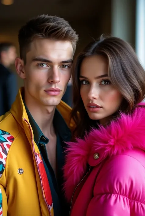 Highest quality and 8k resolution,Front view,young,Height Difference,A white handsome brother with black short hair ,Wear Colorful Jacket Collection ， A white beauty with long brown hair ,WEARING A HOODED FUR FUR BRIGHT PINK，Complete Fashion，shop