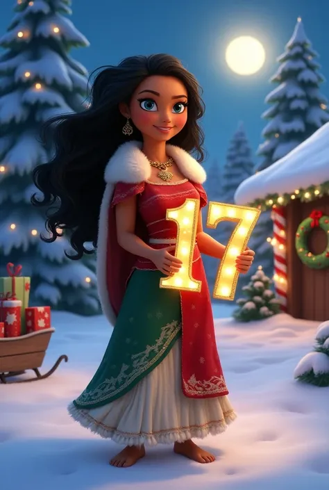 Create image of princess moama, in a disney pixar style, Christmas time, christmas, holidays, christmas clothes, holding a big number 17, in princess moana, disney character, disney 4D