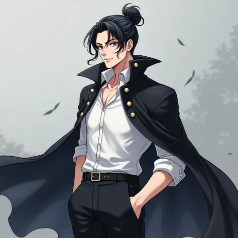 a young man of average height and a well-defined muscular build. gray eyes and he started wearing a white shirt with dark pants, under a black cloak.  Saikon tied his black hair in a bun and has no mustache or goatee, and has a clean, understated look.  an...