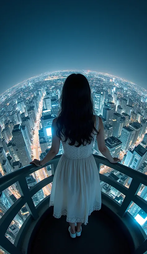 live-action、Real、 The cityscape of Tokyo taken from a high position with a fisheye camera looks like a small planet、Night view、A cute and beautiful Japanese girl standing there 、White lace dress
