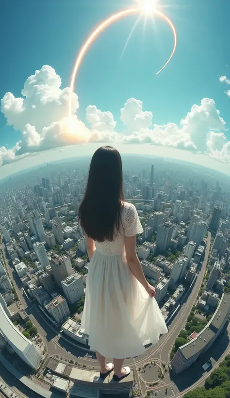 live-action、Real、 The cityscape of Tokyo taken from a high position with a fisheye camera looks like a small planet、A rocket is flying 、A cute and beautiful Japanese girl standing there 、White lace dress
