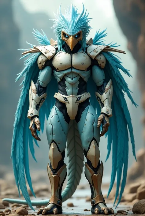 A photography of intelligent humanoid avian alien,phoenix race detail light blue long feather with brown pattern feather in muscular bulk big body,so masculine, so wise, so brave, Wide large blue eye, wear white mecha future armor, 