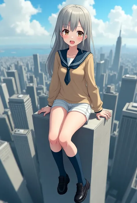 a giant one thousand feet tall anime girl in a tan school girl outfit with a tie she has navy blue socks and black shoes she also has hazel eyes and grey hair she is seventeen years old and is white skin and has skin tight short shorts and has her mouth is...