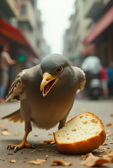 A bird fighting with bread