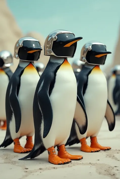 Penguins wearing helmets 
Wear bass shoes
